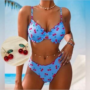 🎀🍒 Vibrant Blue & Red Cherry Bikini 2 Piece Swimsuit Set & Earrings 🍒🎀 NWT